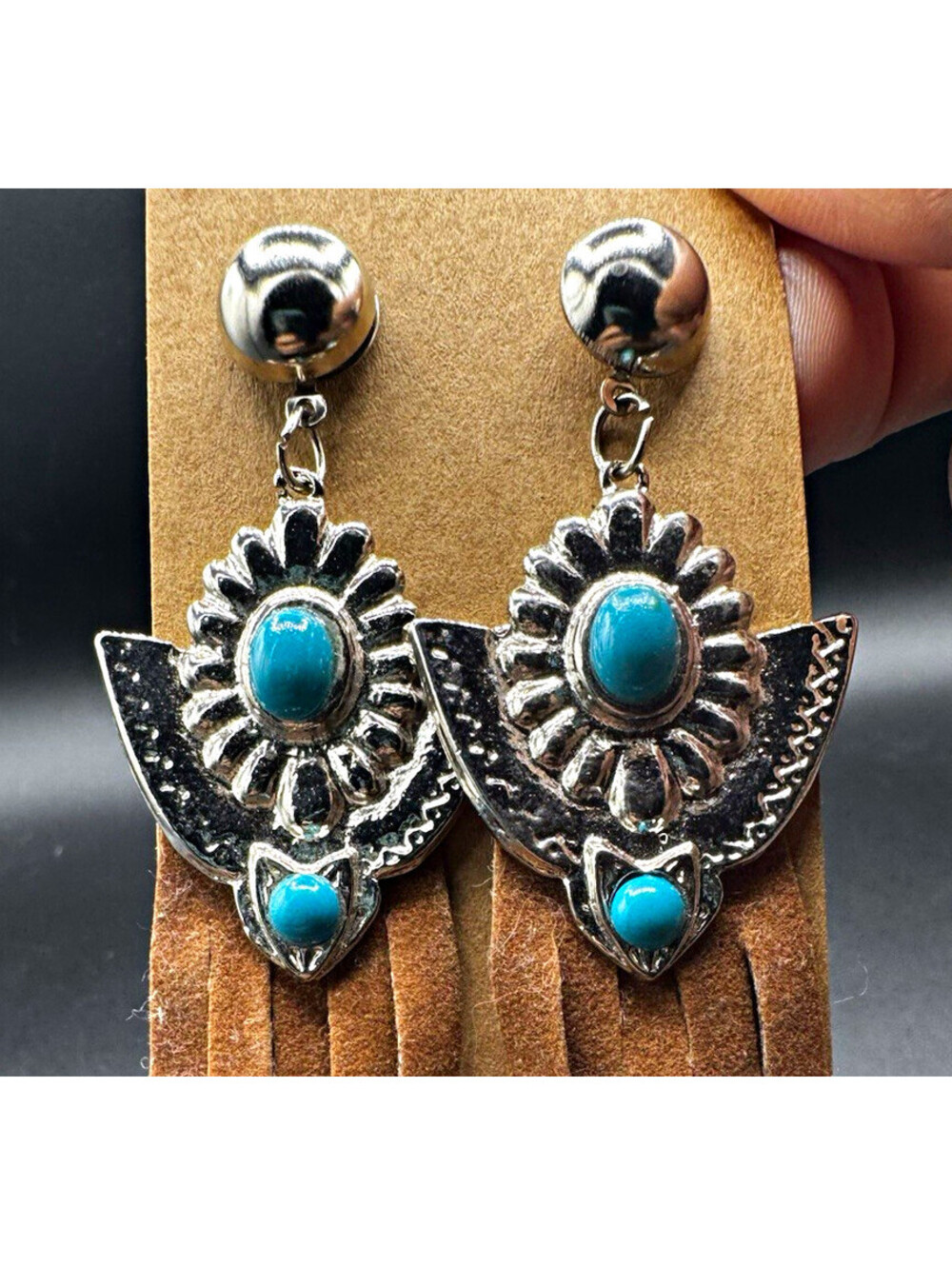 Western Turquoise Look Fringe Earrings Brown Suede Cowgirl Rodeo Boho